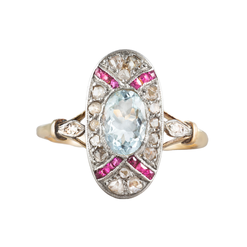 A Deco Aquamarine Ruby Diamond Ring