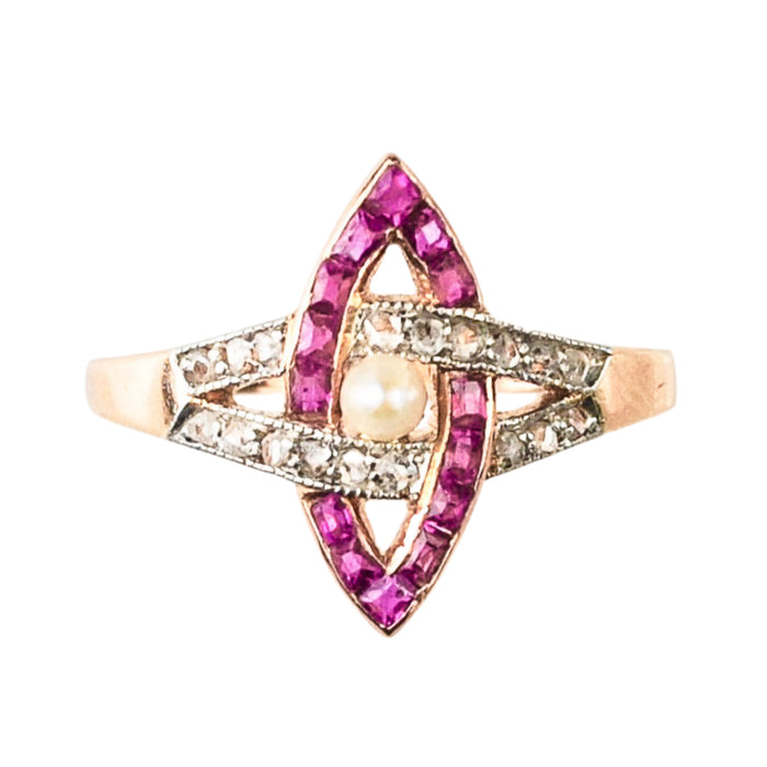 Art Deco Ruby, Diamond and Pearl Ring
