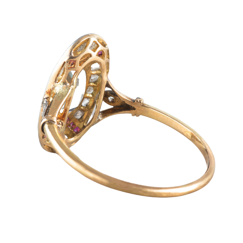 A Deco Aquamarine Ruby Diamond Ring