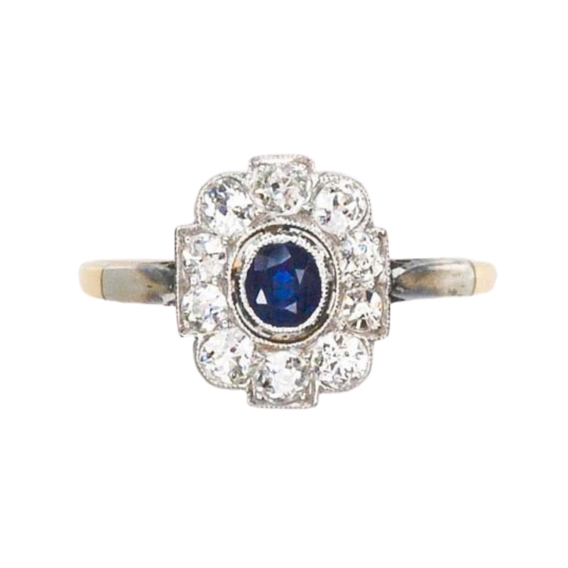 A Deco Diamond Basaltic Sapphire Ring