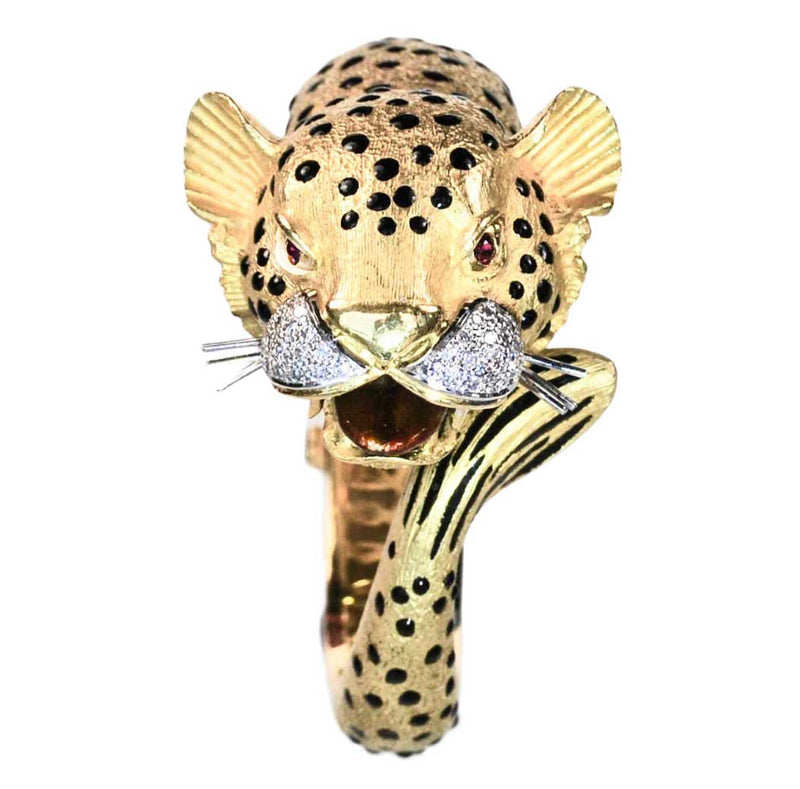 A Gold Enamel Diamond & Ruby Leopard Bangle