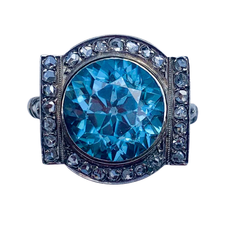 A Diamond and Blue Zircon Silver Ring