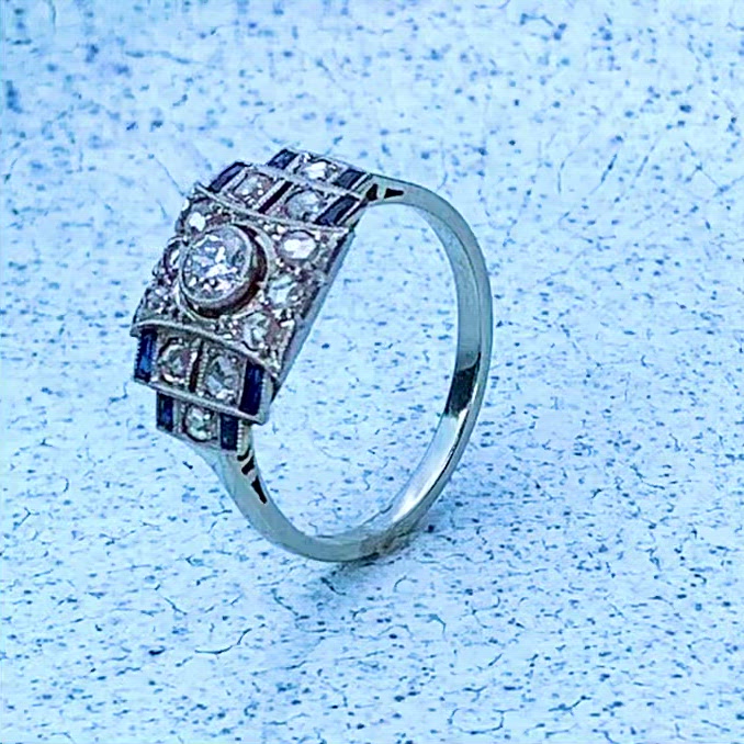 French Art Deco Sapphire Diamond Ring