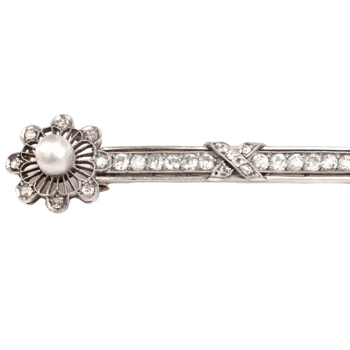 A French Diamond and Pearl Long Brooch