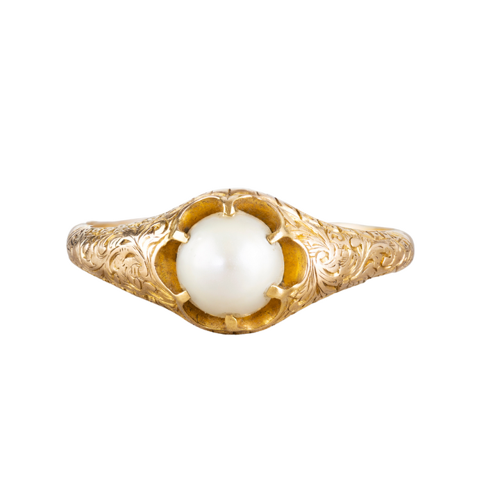 Gold Foliate engraved Pearl ring