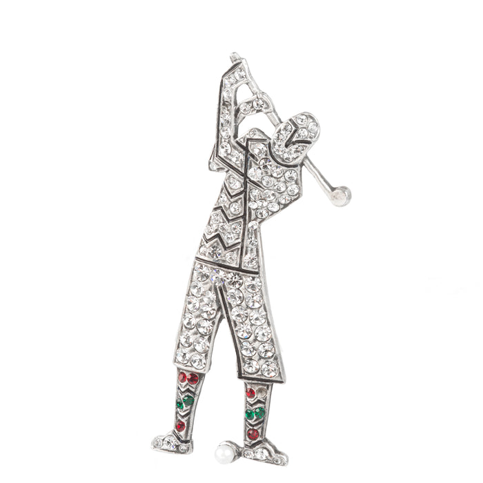 1980s silver brooch of golfer mid-swing, set with paste stones and enamel, hallmarked London 1985