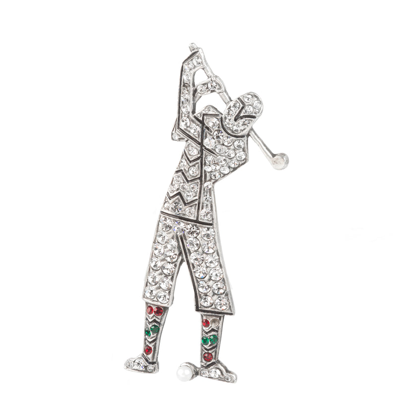 1980s silver brooch of golfer mid-swing, set with paste stones and enamel, hallmarked London 1985