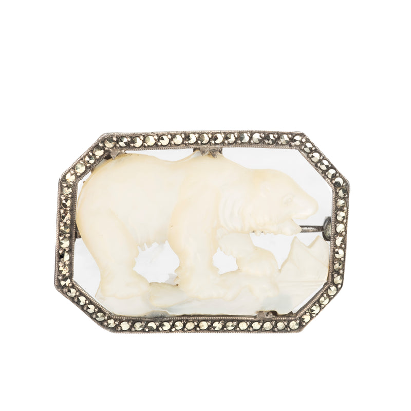A Mother of Pearl Marcasite Polar Bear brooch
