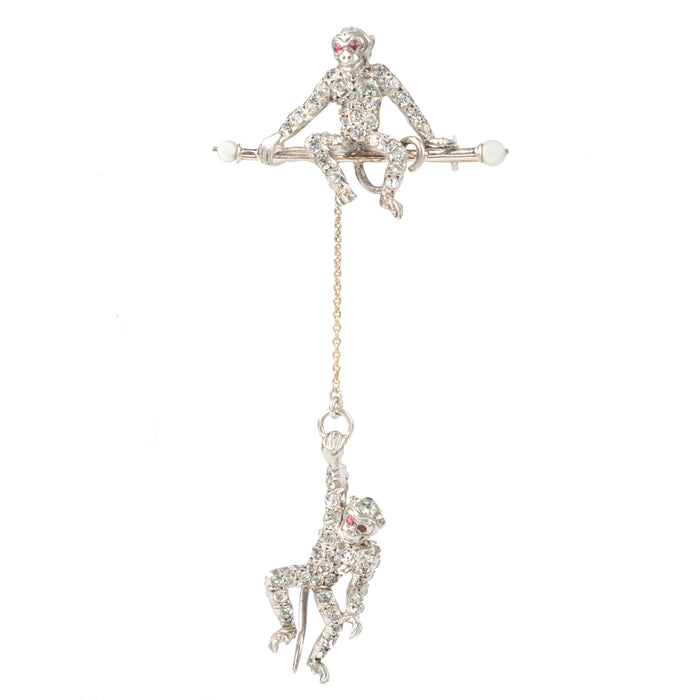 German Art Deco brooch with two silver monkeys set with paste stones, by Knoll & Pregizer