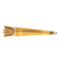 Victorian 23ct gold quiver of arrows brooch engraved with William Tell Archery Club dedication, dated 25 August 1880.