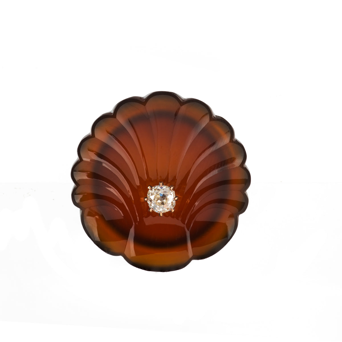 Victorian tortoiseshell brooch in the shape of an oyster shell with central old-cut diamond, c.1880s