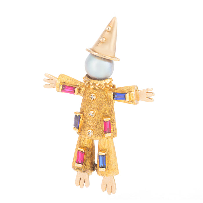 Vintage 9ct gold scarecrow brooch with cultured pearl head and colourful gem-set tunic, London hallmark 1967
