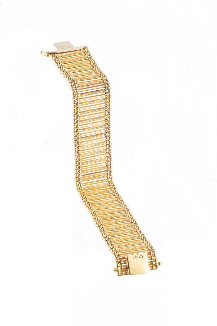 Vintage 1960s Italian gold bracelet by Giulio Marotto with sculptural design and bead edging