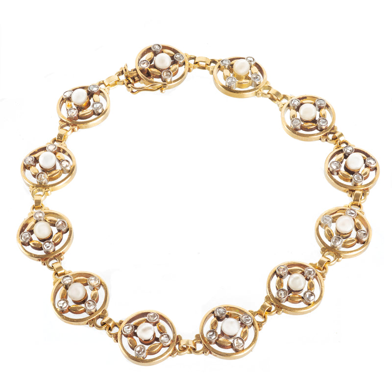 A French Diamond and Pearl Gold Bracelet