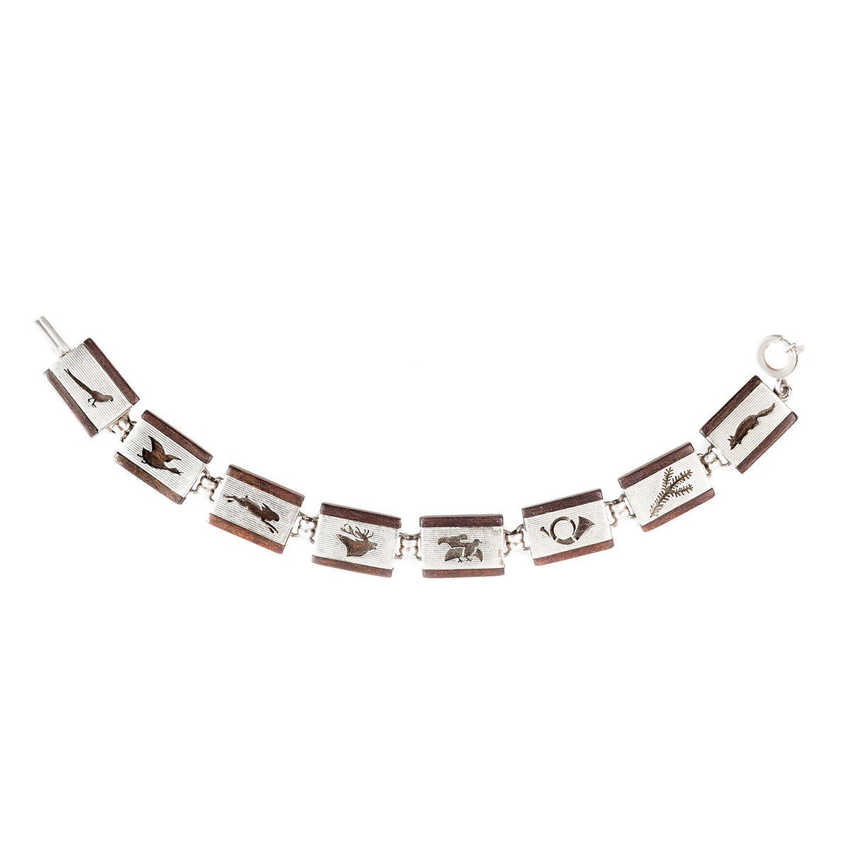 Mid-century silver and wood bracelet with engraved alpine hunting motifs, c.1950s