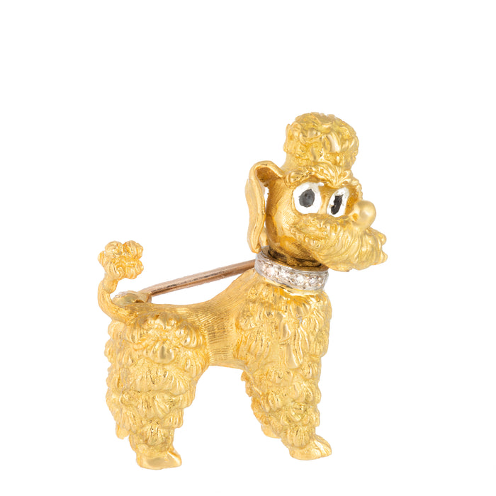 Whimsical 18ct gold poodle brooch by Ben Rosenfeld with diamond collar, enamel eyes, and rotating head, c.1963.