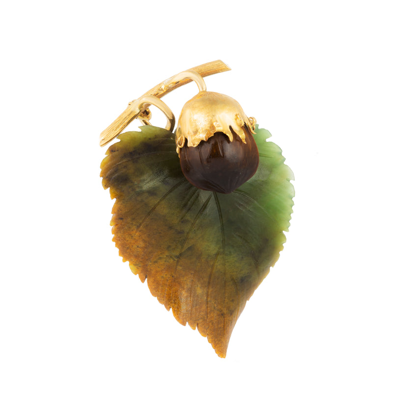 A Nephrite Leaf Hazelnut Gold Brooch