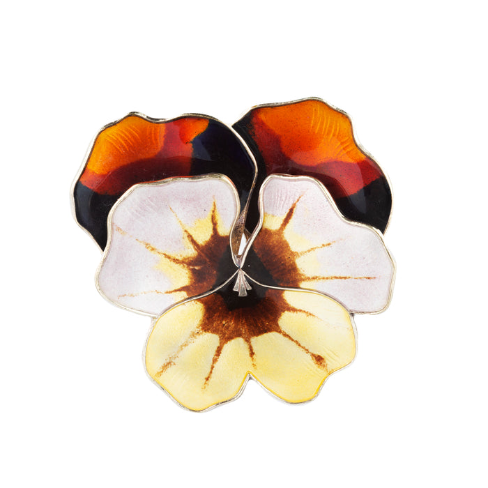 Vintage David-Andersen silver gilt enamel pansy brooch in yellow, brown and pink.
