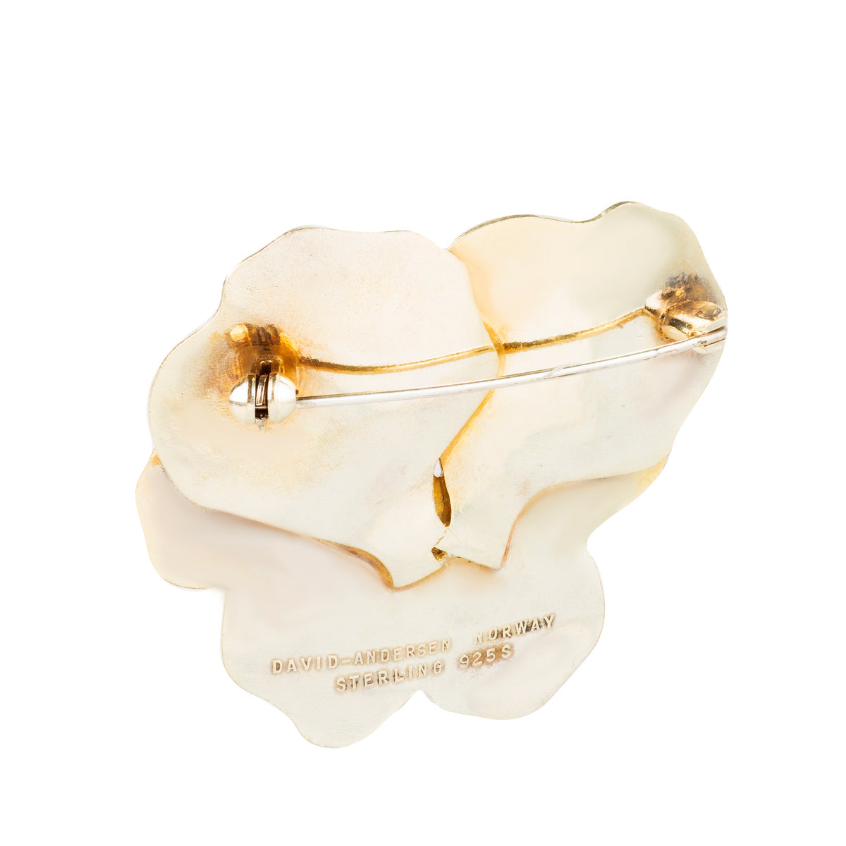 Reverse side of David-Andersen Norwegian silver pansy brooch with full hallmark visible.