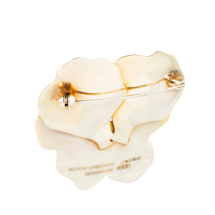 Reverse side of David-Andersen Norwegian silver pansy brooch with full hallmark visible.