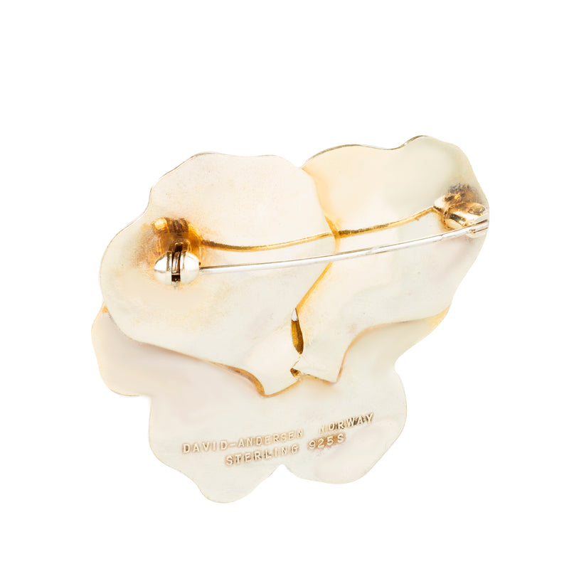 Reverse side of David-Andersen Norwegian silver pansy brooch with full hallmark visible.