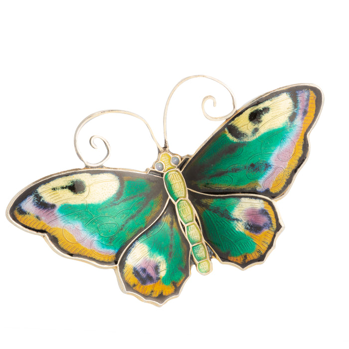 David-Andersen silver gilt butterfly brooch with green, yellow, and brown enamel wings, 1950s Norway