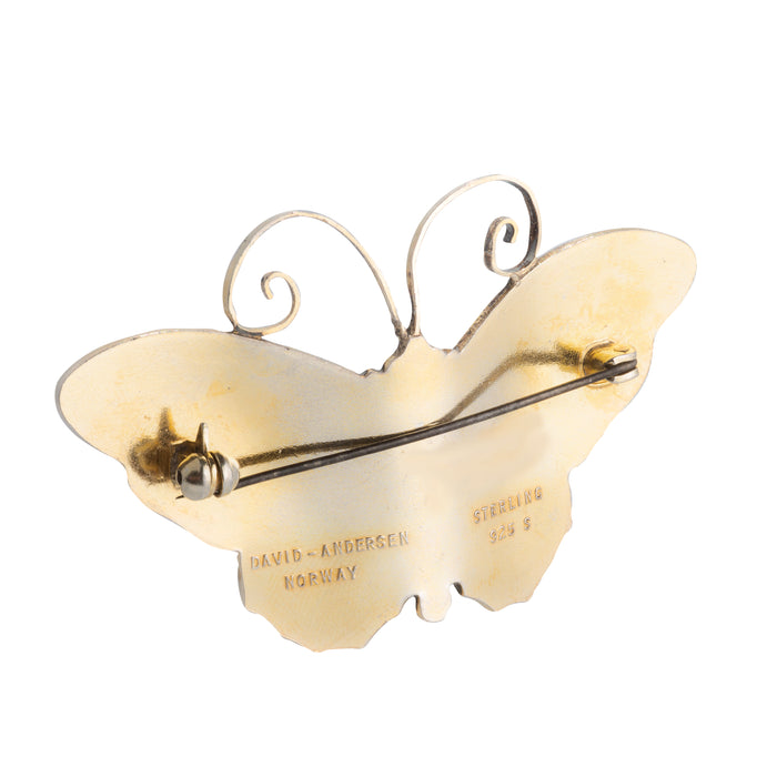 Reverse of David-Andersen butterfly brooch showing hallmarks and silver gilt finish, mid-century Norwegian jewellery