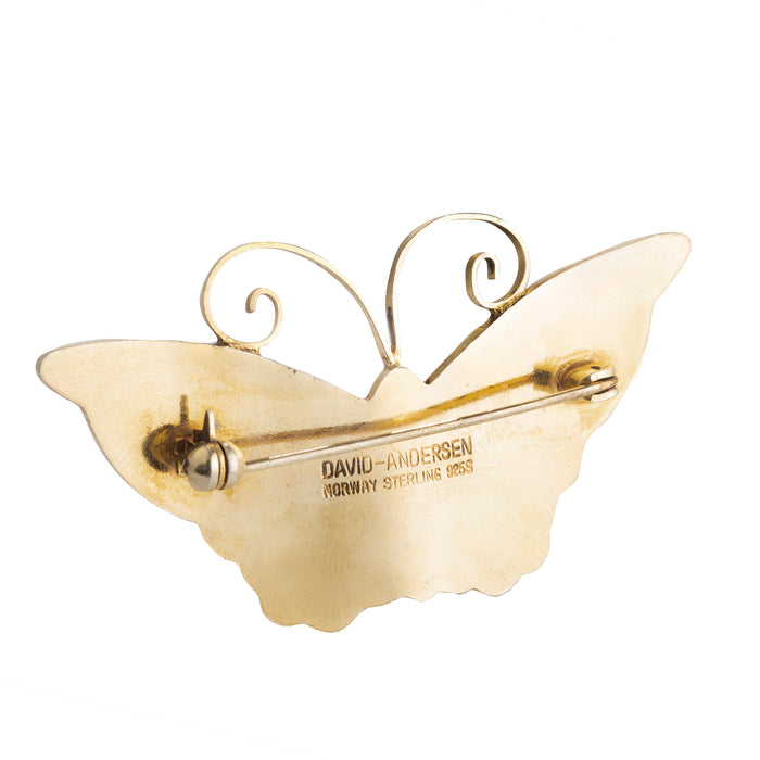 Reverse of mid-century David Andersen Norwegian butterfly brooch showing hallmark