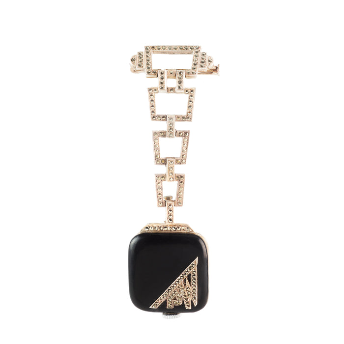 Art Deco Silver Marcasite Enamel Watch Brooch