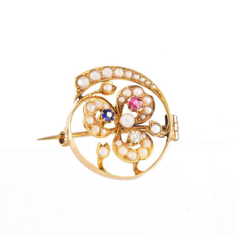 A Pearl Diamond Ruby Sapphire Brooch