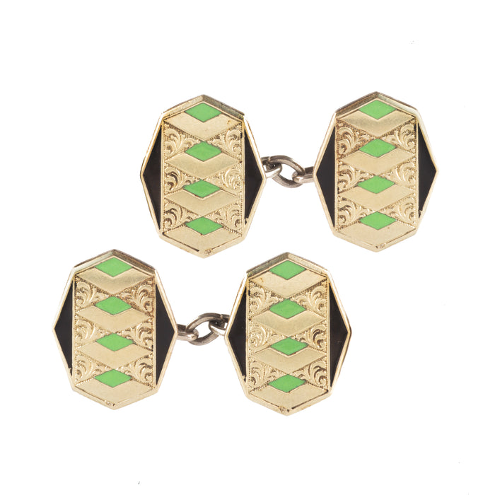 Pair of Silver Green Enamel Cufflinks