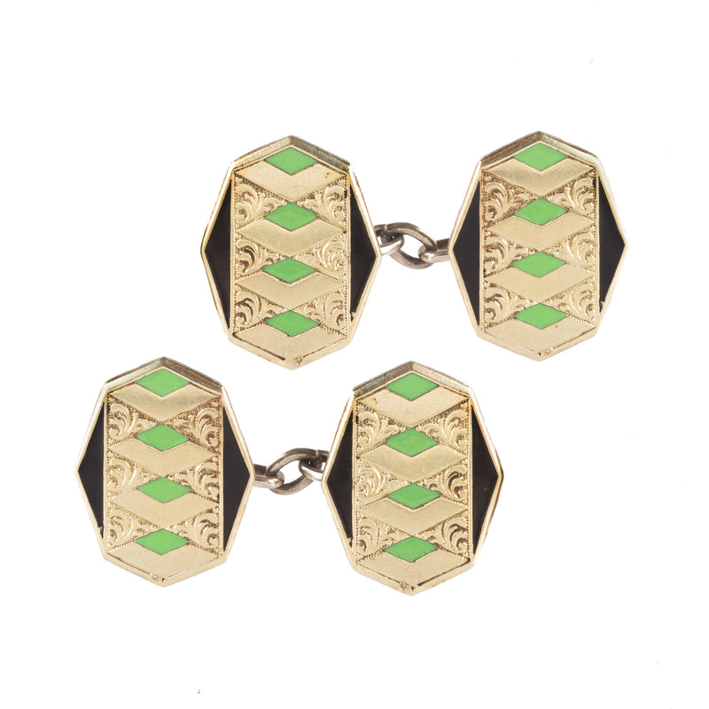 Pair of Silver Green Enamel Cufflinks
