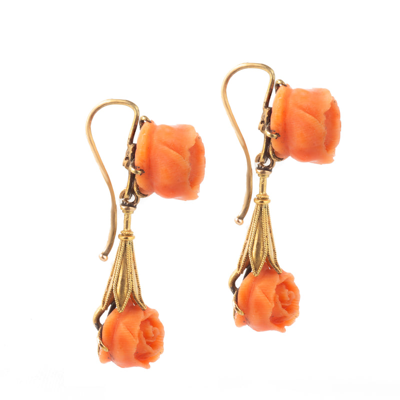 A pair of Coral Gold Rose Earrings