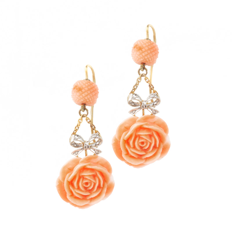 A Pair of Coral Diamond Gold Drop Earrings