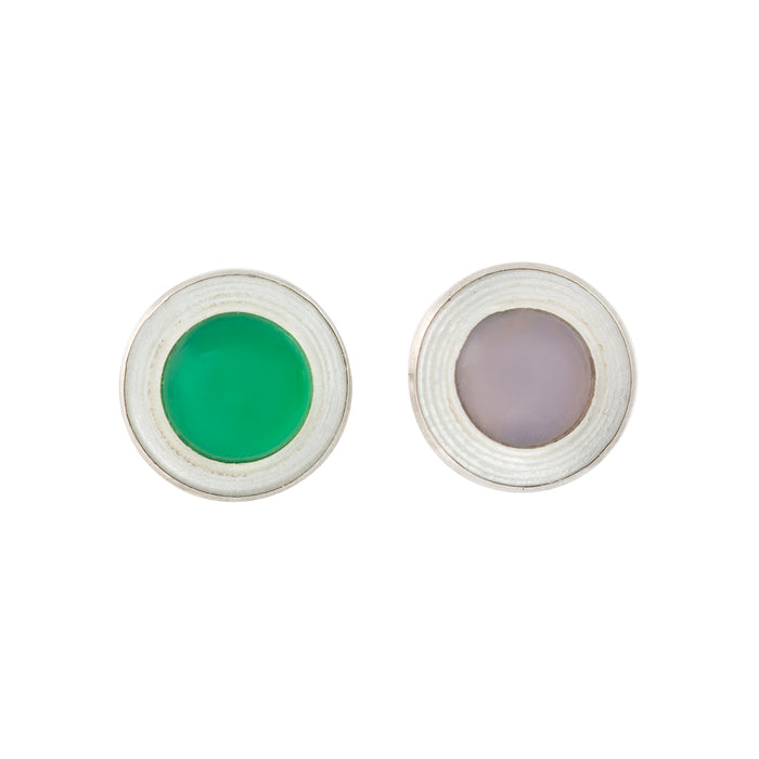 Pair of silver stud earrings with domed chalcedony and mother of pearl cabochons, British c.1940s