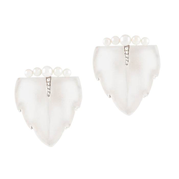 Pair of Art Deco Austrian dress clips in silver with carved rock crystal, pearls, and diamonds, c.1930s