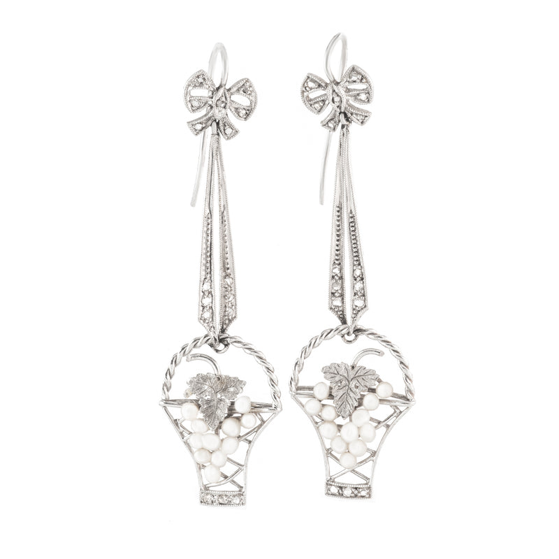 Pair of Platinum Gold Diamond Pearl Earrings