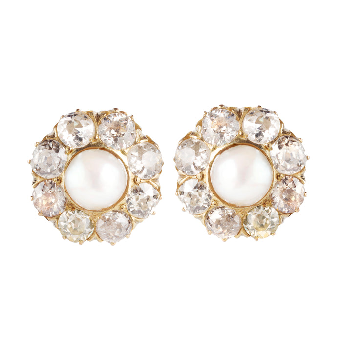 A Pair of Pearl Diamond Gold Stud Earrings