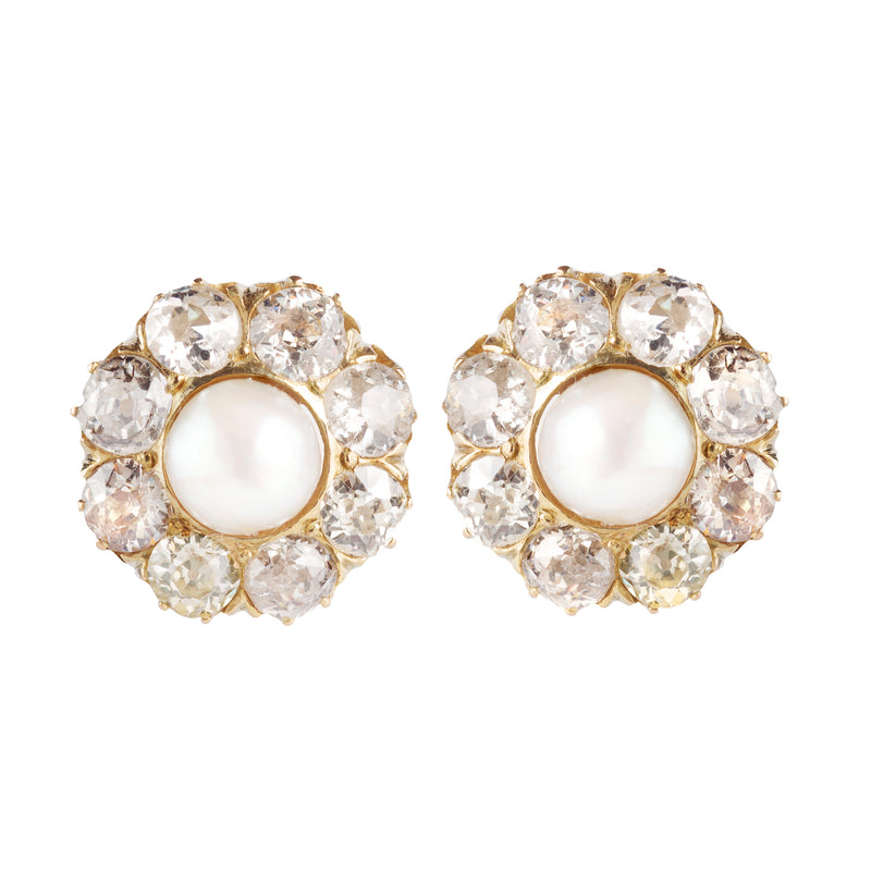 A Pair of Pearl Diamond Gold Stud Earrings