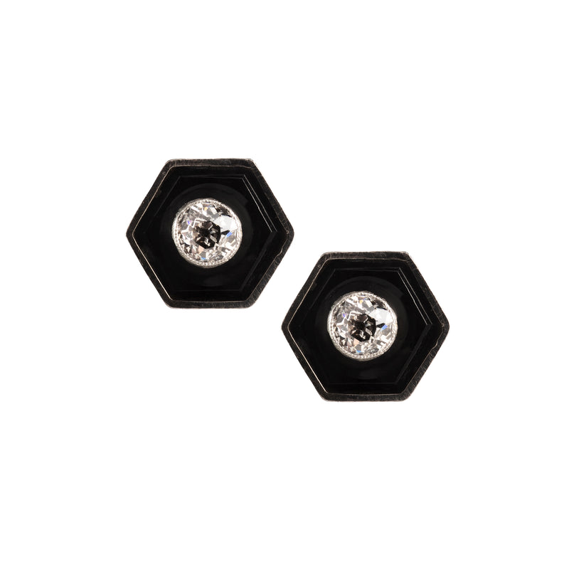 A Pair of Onyx Diamond Gold Stud Earrings