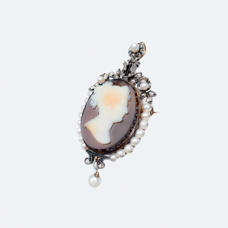 Diamond & Pearl hardstone cameo brooch / pendant c.1860