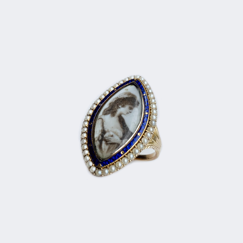 Georgian Navette Enamel, Pearl & Gold Mourning Ring