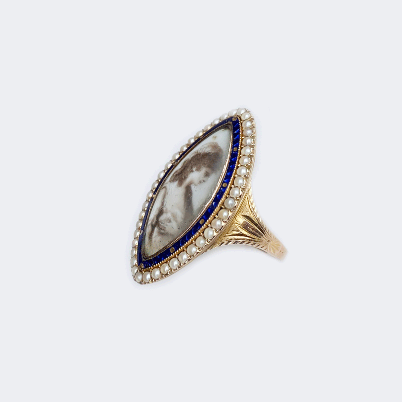 Georgian Navette Enamel, Pearl & Gold Mourning Ring