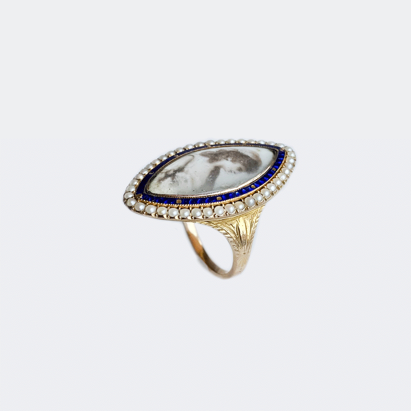 Georgian Navette Enamel, Pearl & Gold Mourning Ring