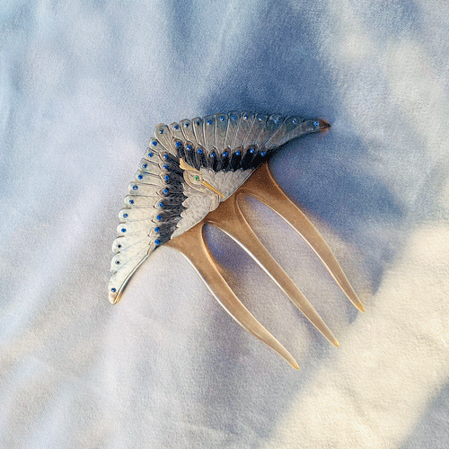 Art Deco Blue Angel bird Bakelite & Paste Hair Comb