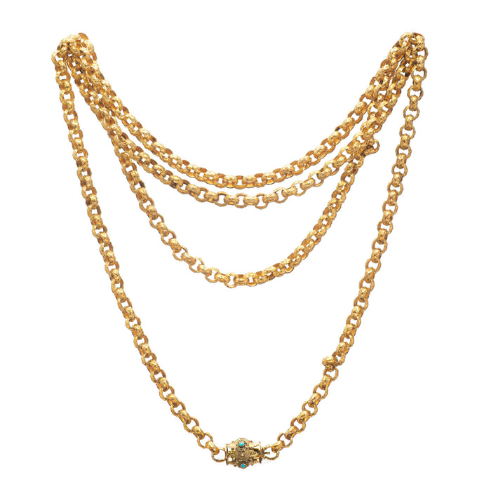 Victorian Pinchbeck chain necklace with turquoise-set barrel clasp, shown in full 122cm length against a white background.