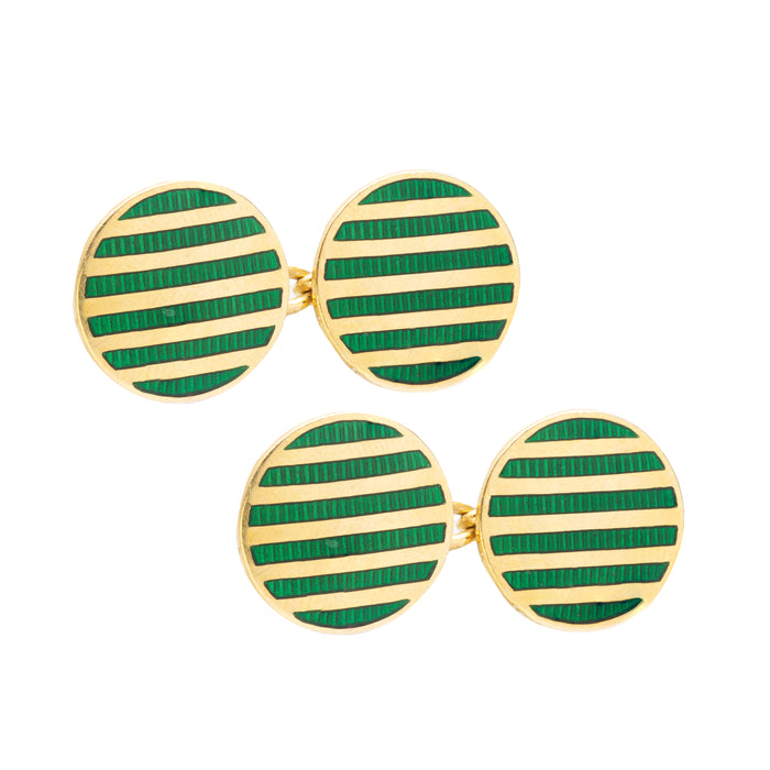 Pair of Gold and Green Enamel Stripe Cufflinks