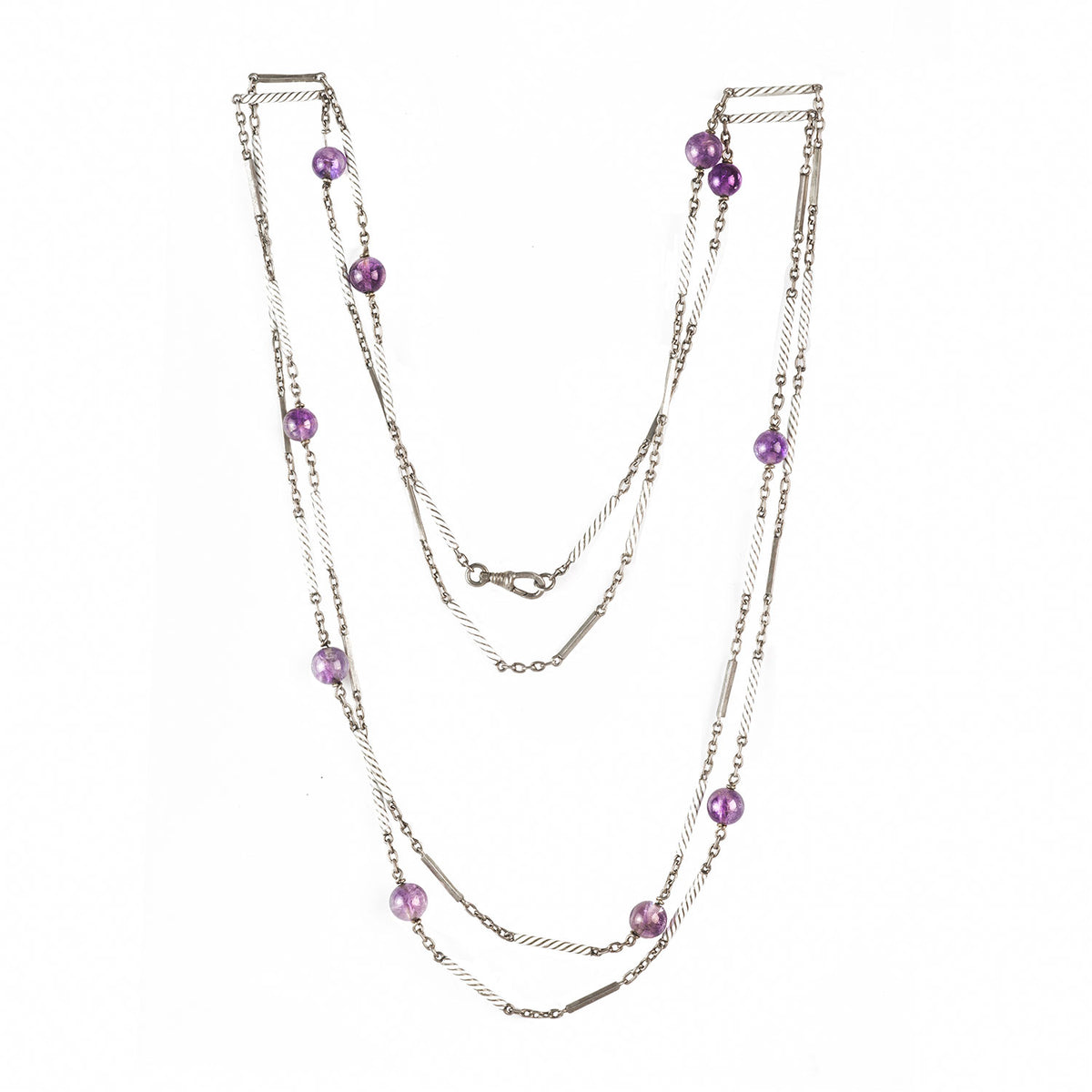 Hallmarked sterling silver necklace with white enamel links and amethyst beads, 148cm long, c.1920