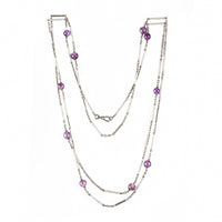 Hallmarked sterling silver necklace with white enamel links and amethyst beads, 148cm long, c.1920