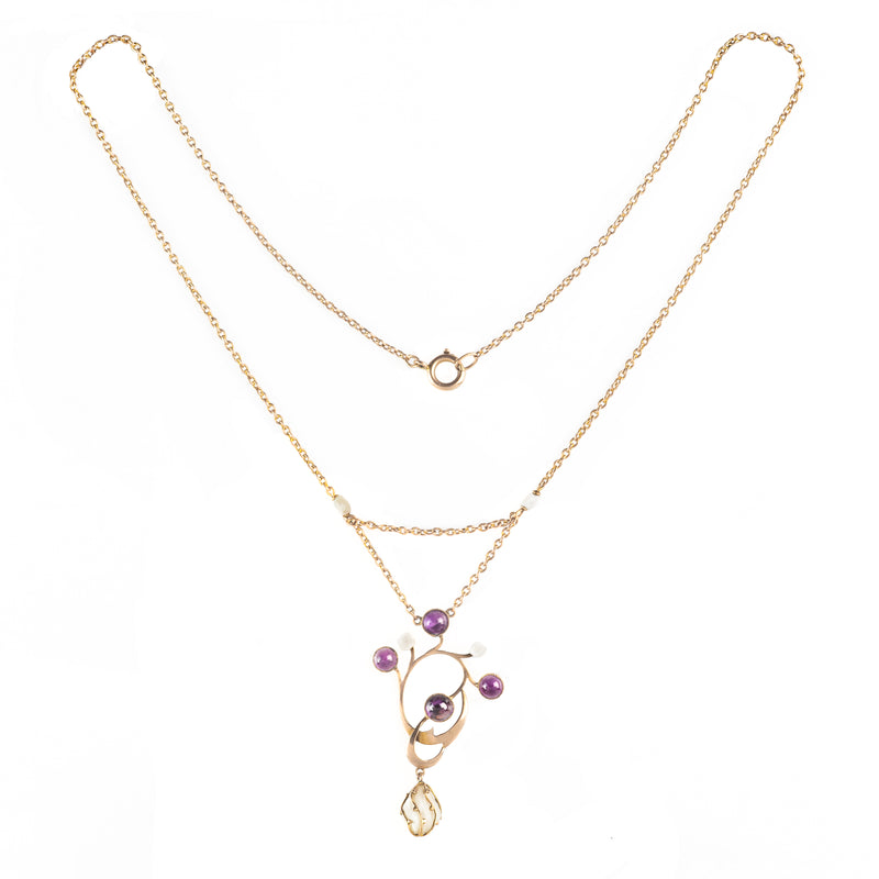 A Gold, Amethyst and Pearl Drop Necklace